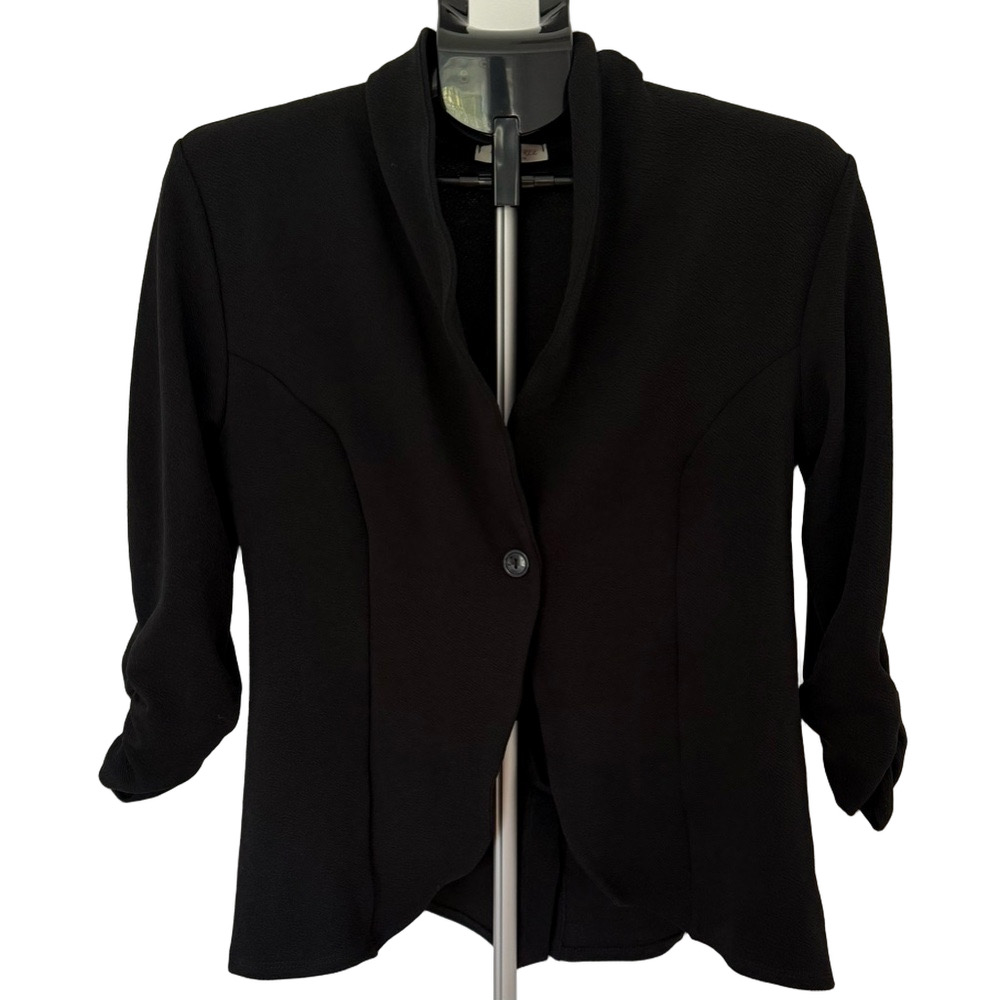 Black Open Front 3/4 Ruched Sleeve Blazer | Size Large